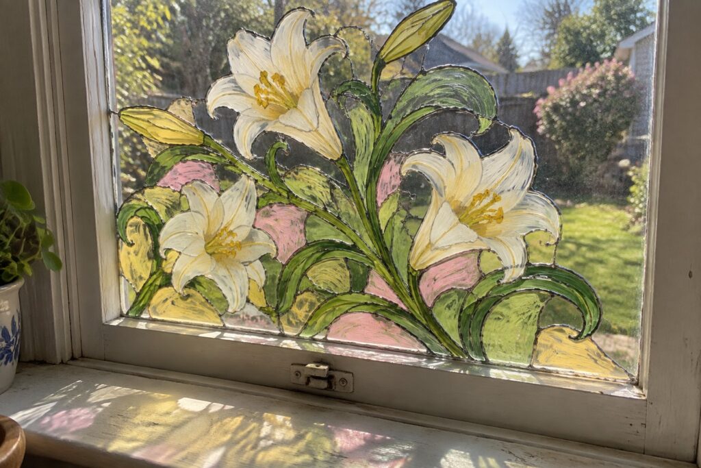 18 Delicate Lily Stained Glass Designs for Floral Window Art Stained glass window with white lilies, green leaves, and pink swirls on sunny sill
