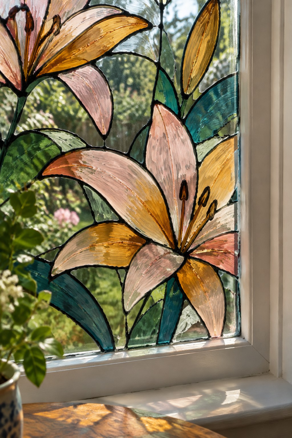Stained glass window with vibrant pink, orange, and teal lilies in sunlight.