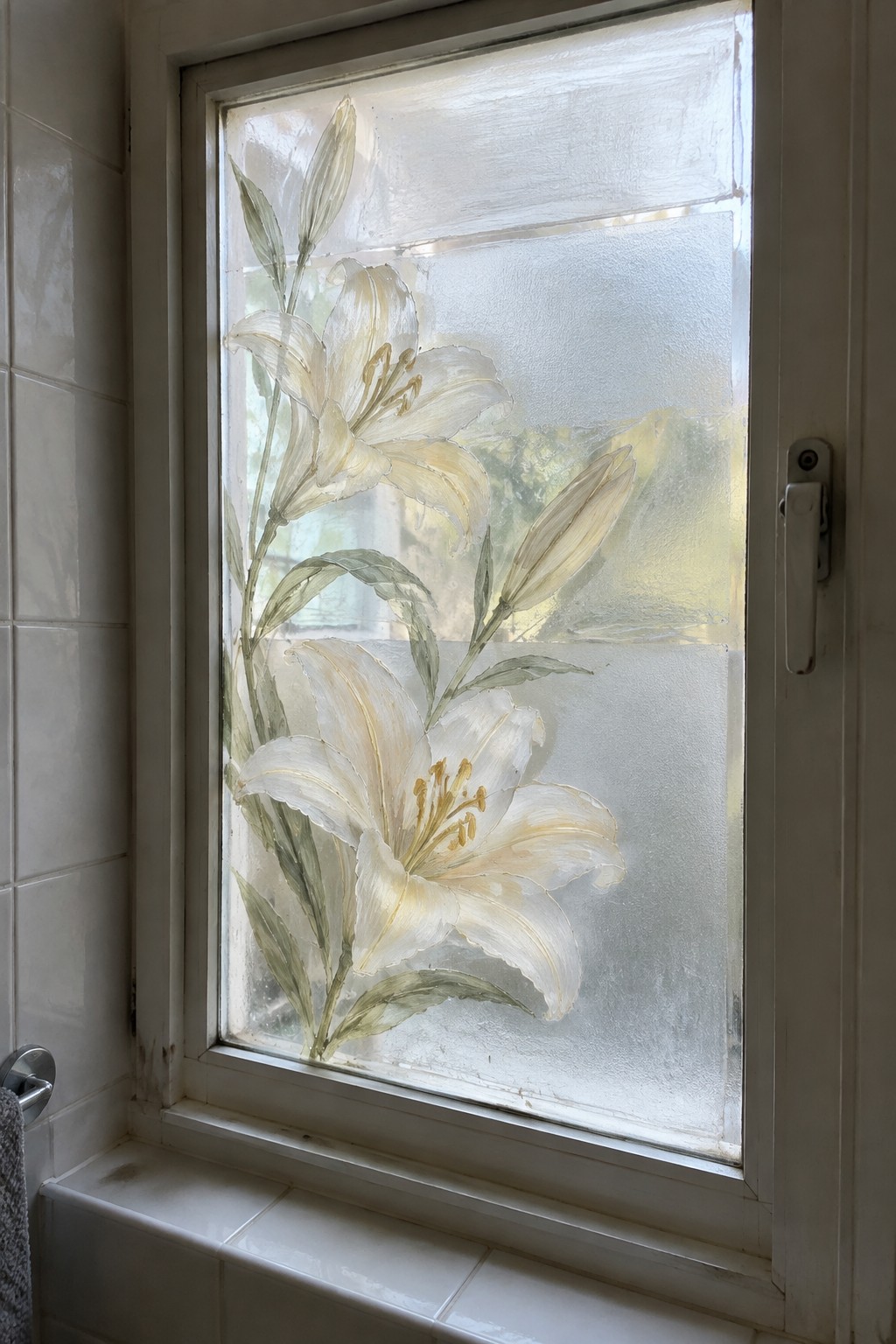 A frosted bathroom window with white lilies and green leaves painted on the glass, next to white tiles.