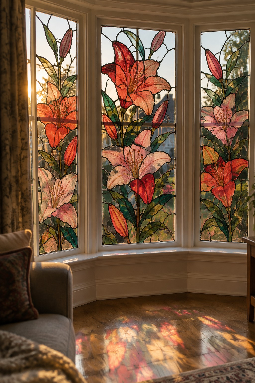 Stained glass bay windows with vibrant red and pink lilies glowing in sunlight