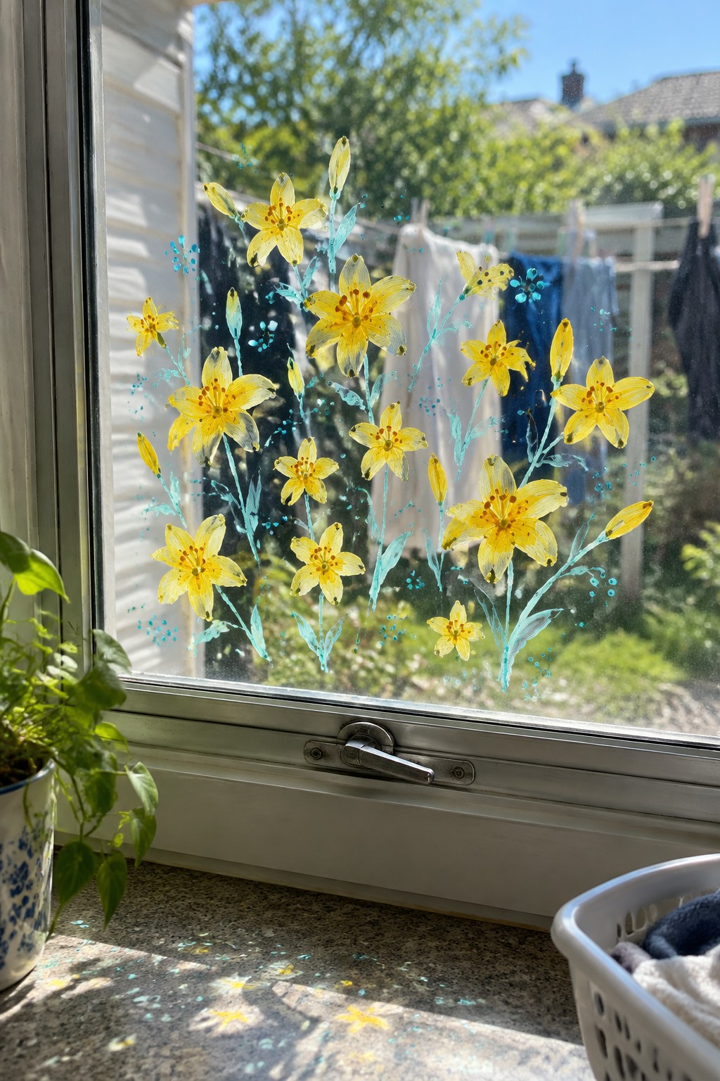 Yellow lily decals on window glass overlooking sunny clothesline with laundry.
