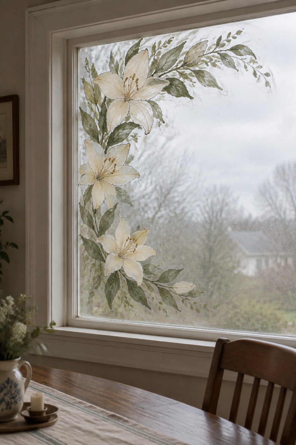 Window with white lilies and green leaves etched on glass above wooden table and chair