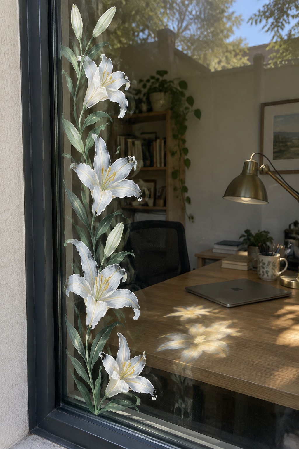 White lilies painted on window casting shadows on sunlit wooden desk with laptop
