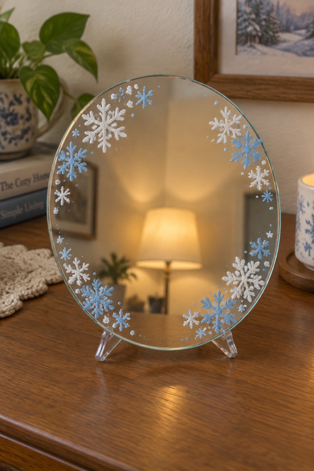 Round mirror with blue and white snowflake designs on wooden table