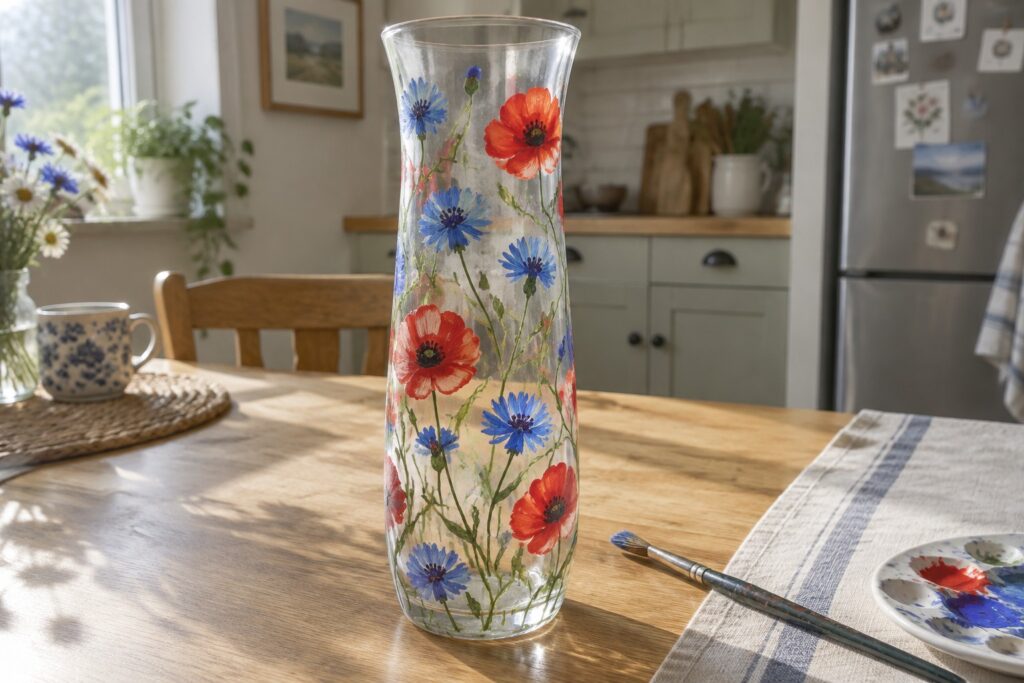 18 Elegant Flower Glass Painting Ideas Featuring Wildflower Sprigs Tall glass vase hand-painted with red poppies and blue cornflowers on wooden table