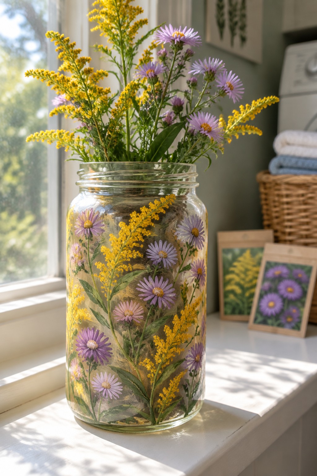Glass jar with pressed purple asters and yellow flowers on sunny windowsill