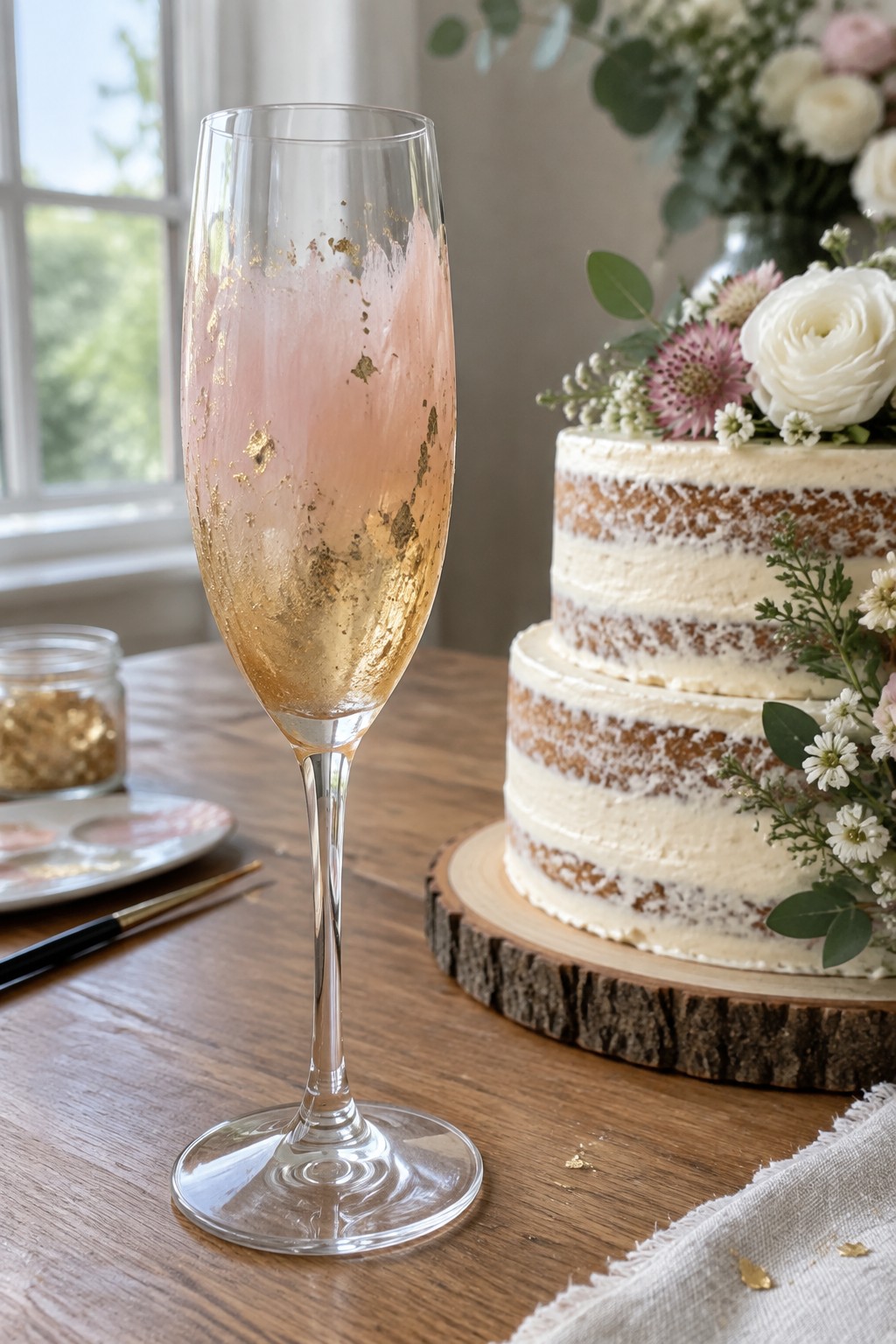 Pink and gold leaf champagne flute beside floral naked wedding cake on wood table.