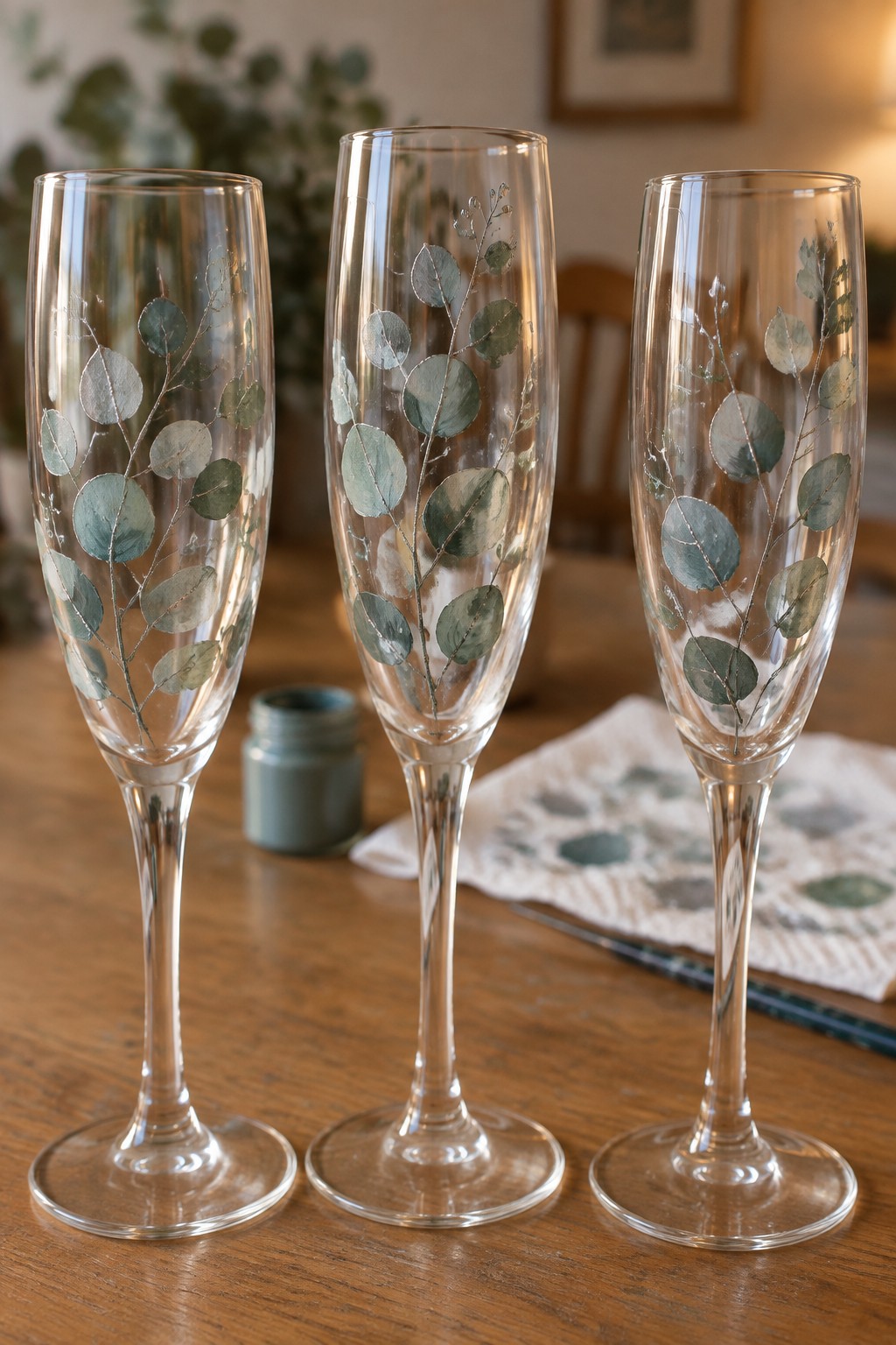 Three glass flutes hand-painted with green eucalyptus leaves on wooden table