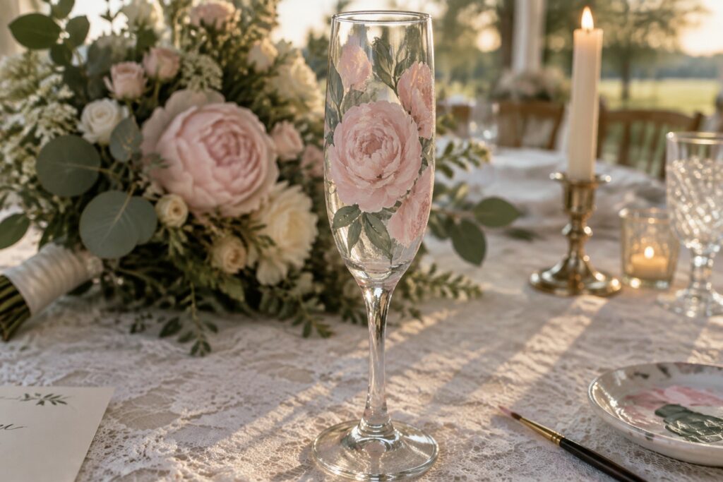 17 Elegant Painted Champagne Glasses for Wedding Toasts A champagne flute painted with large pink peonies and green leaves stands on a lace-covered table next to a paint palette and brush.
