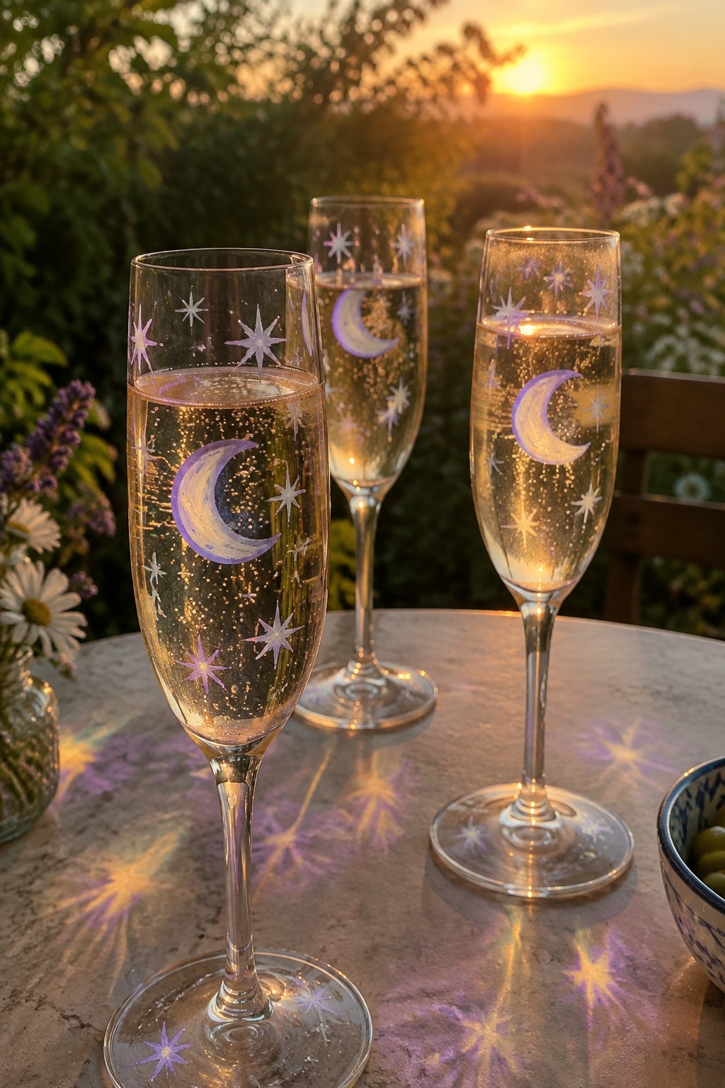 Three moon-and-star etched champagne flutes filled with bubbly wine at sunset.