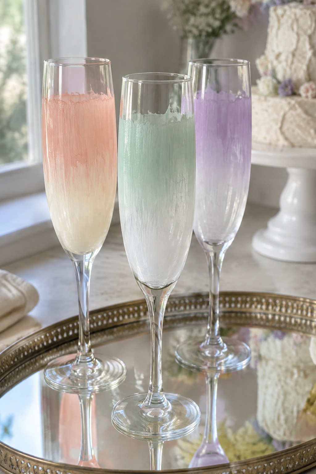 Three pastel-painted champagne flutes on a mirrored gold tray.