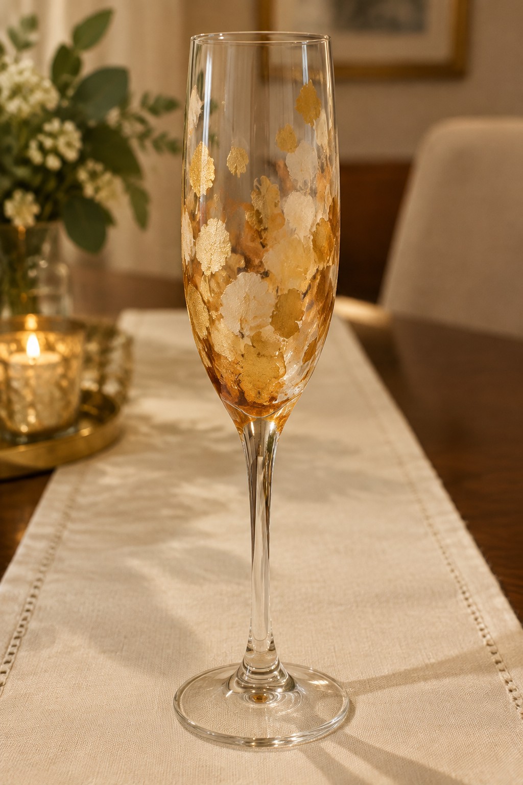 Gold-foil leaf champagne flute on white table runner beside lit candle