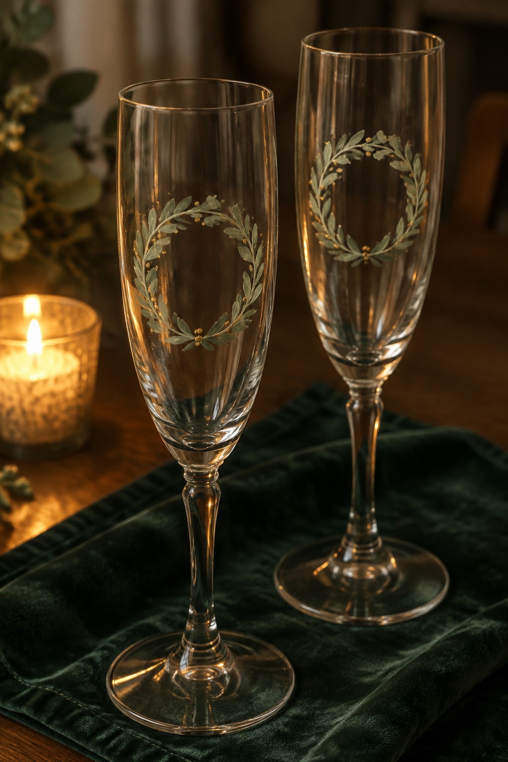 Two crystal champagne flutes with laurel wreaths on dark green velvet beside a candle