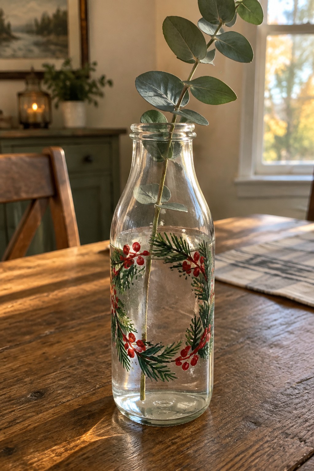 Glass milk bottle with festive wreath and eucalyptus branch on wooden table