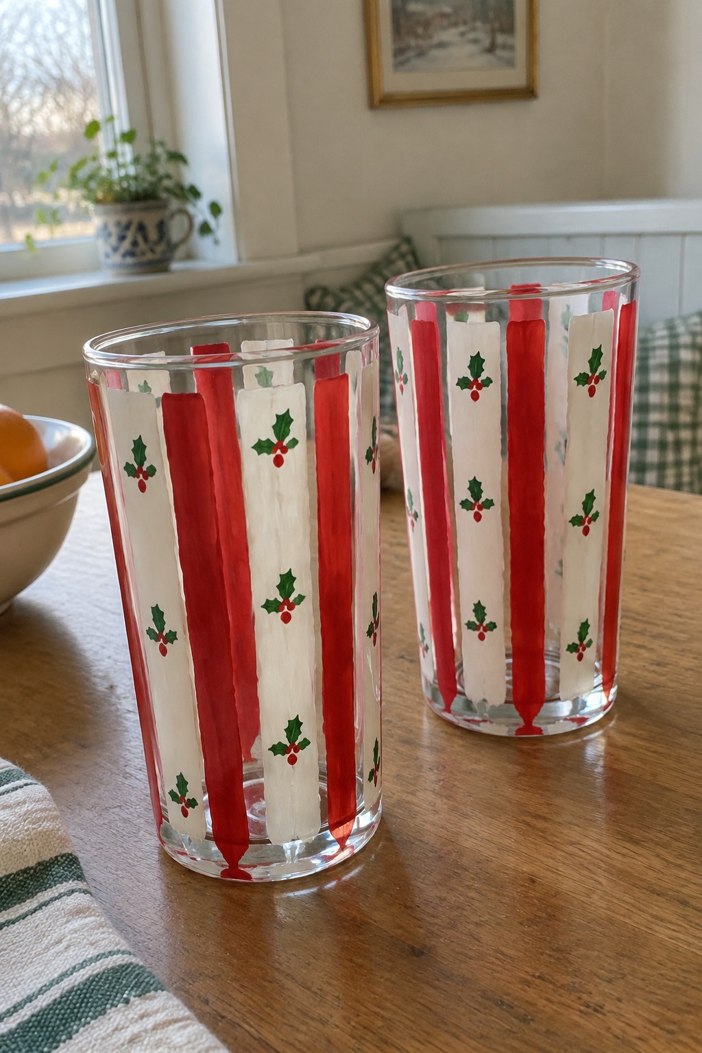 Two clear glasses with red stripes and holly on a wooden table