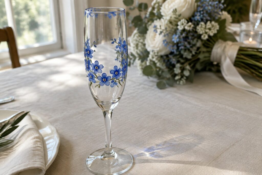 18 Lovely Blue Floral Champagne Glasses for Romantic Wedding Tables Champagne flute with blue floral wreath on white table beside rose bouquet