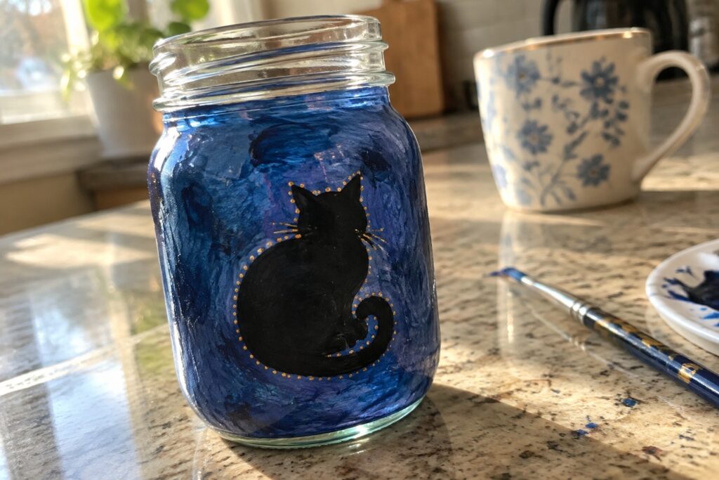 19 Charming Glass Painting Ideas Featuring Cute Animal Silhouettes Blue painted mason jar with black cat silhouette outlined in gold dots on counter