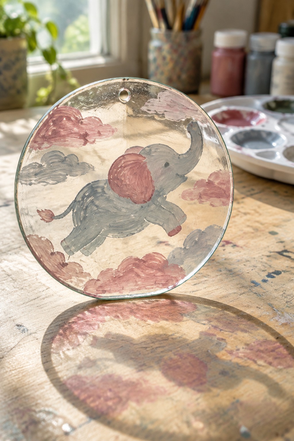 Glass disc painted with flying elephant amid pink clouds on wooden table