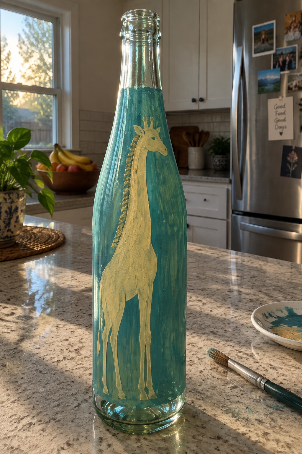 Tall turquoise bottle with yellow giraffe painted on kitchen marble counter