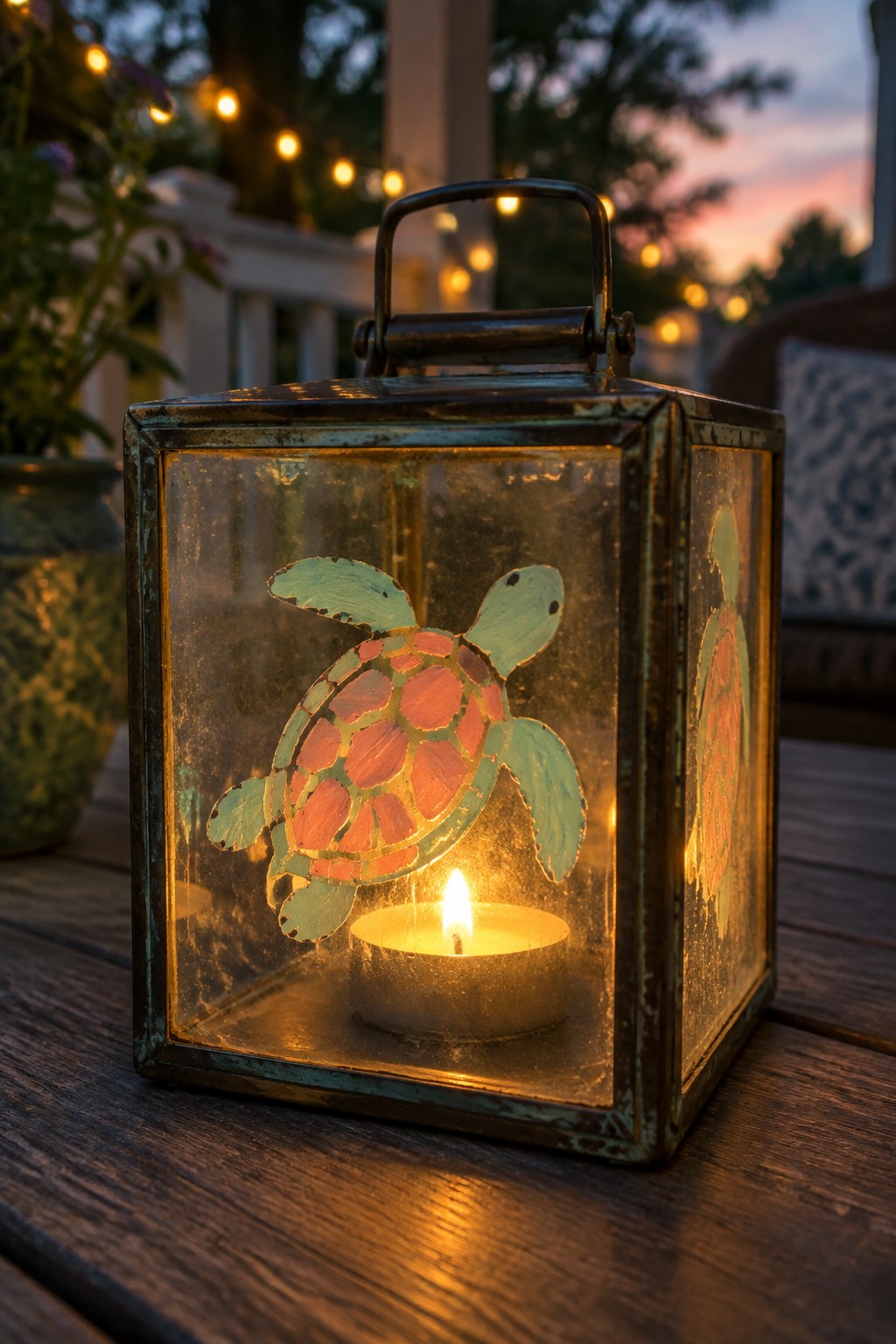 Glowing metal lantern with sea turtle cutouts and lit candle on wooden table