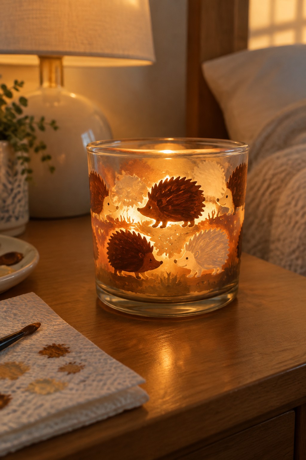 Glowing glass candle holder with hedgehogs on wooden bedside table at night
