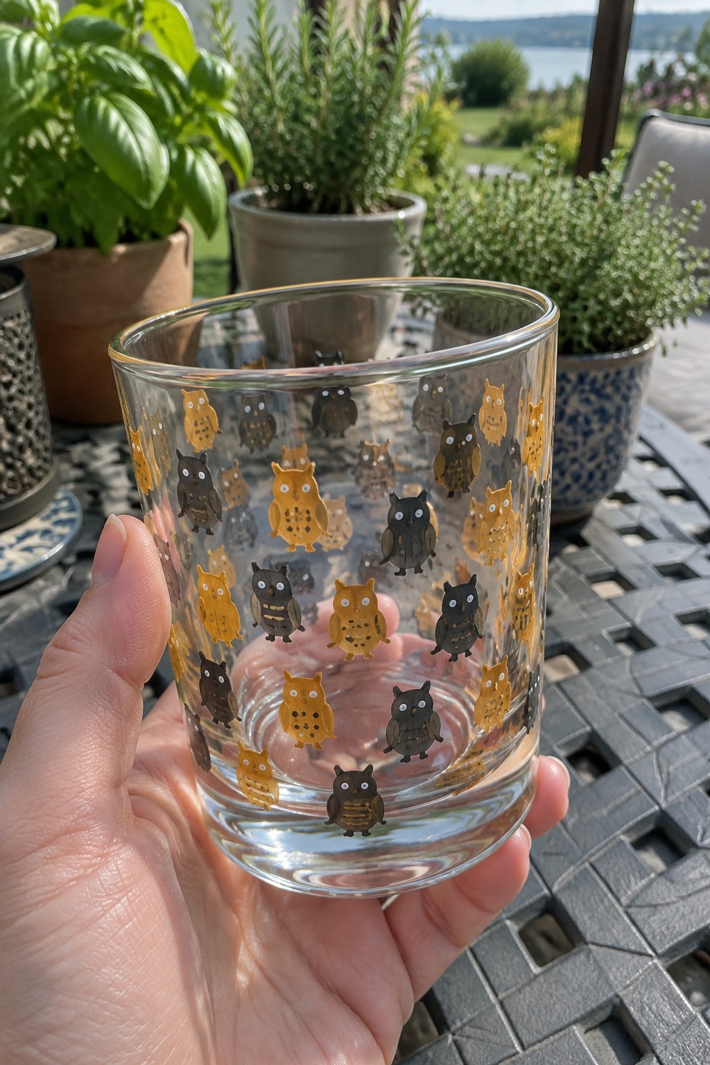 Hand holding clear glass tumbler with colorful owl illustrations amid potted plants outdoors