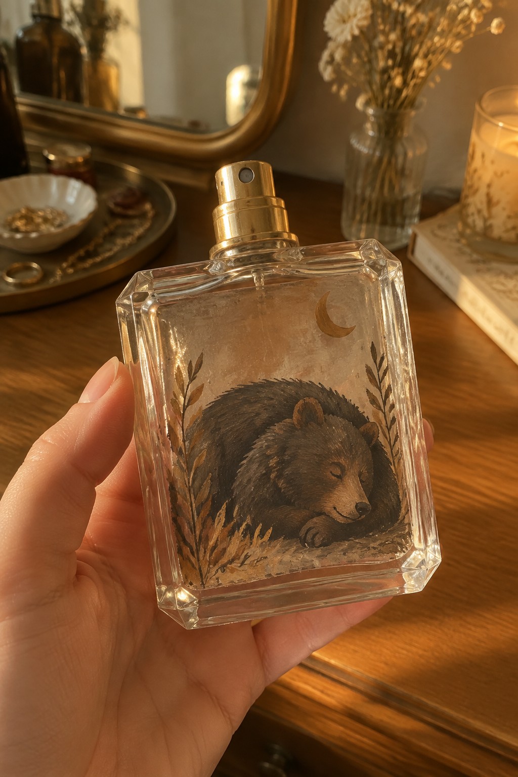 Hand holding square glass perfume bottle with sleeping bear and crescent moon