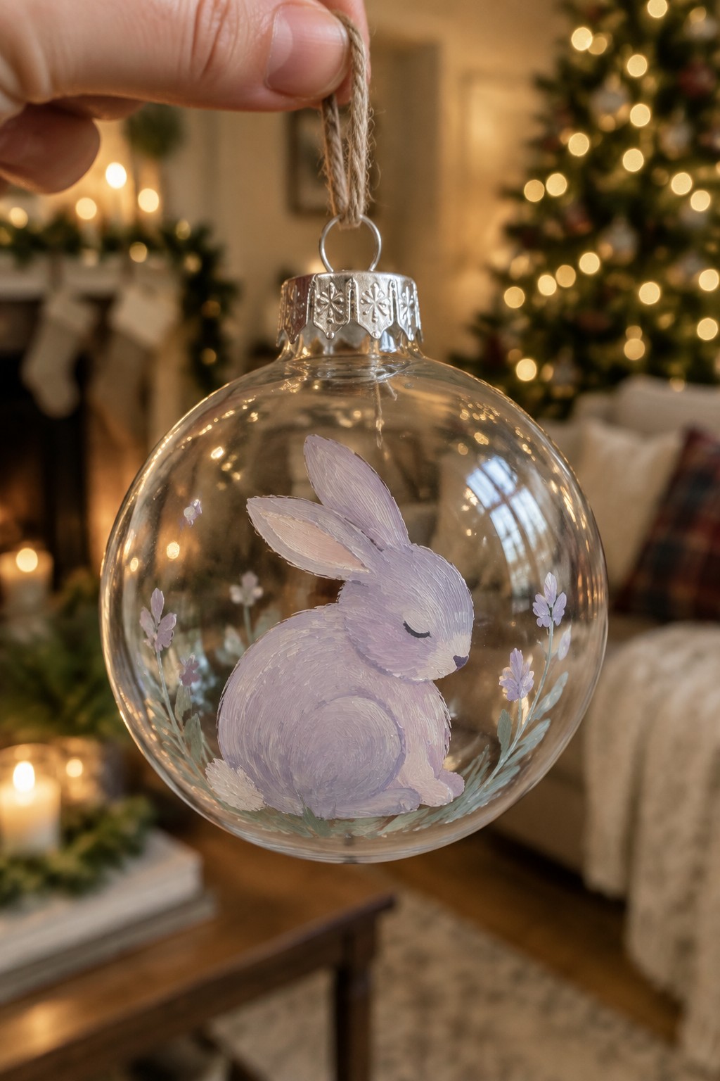 Hand holding clear glass bauble with hand-painted sleeping purple bunny and flowers