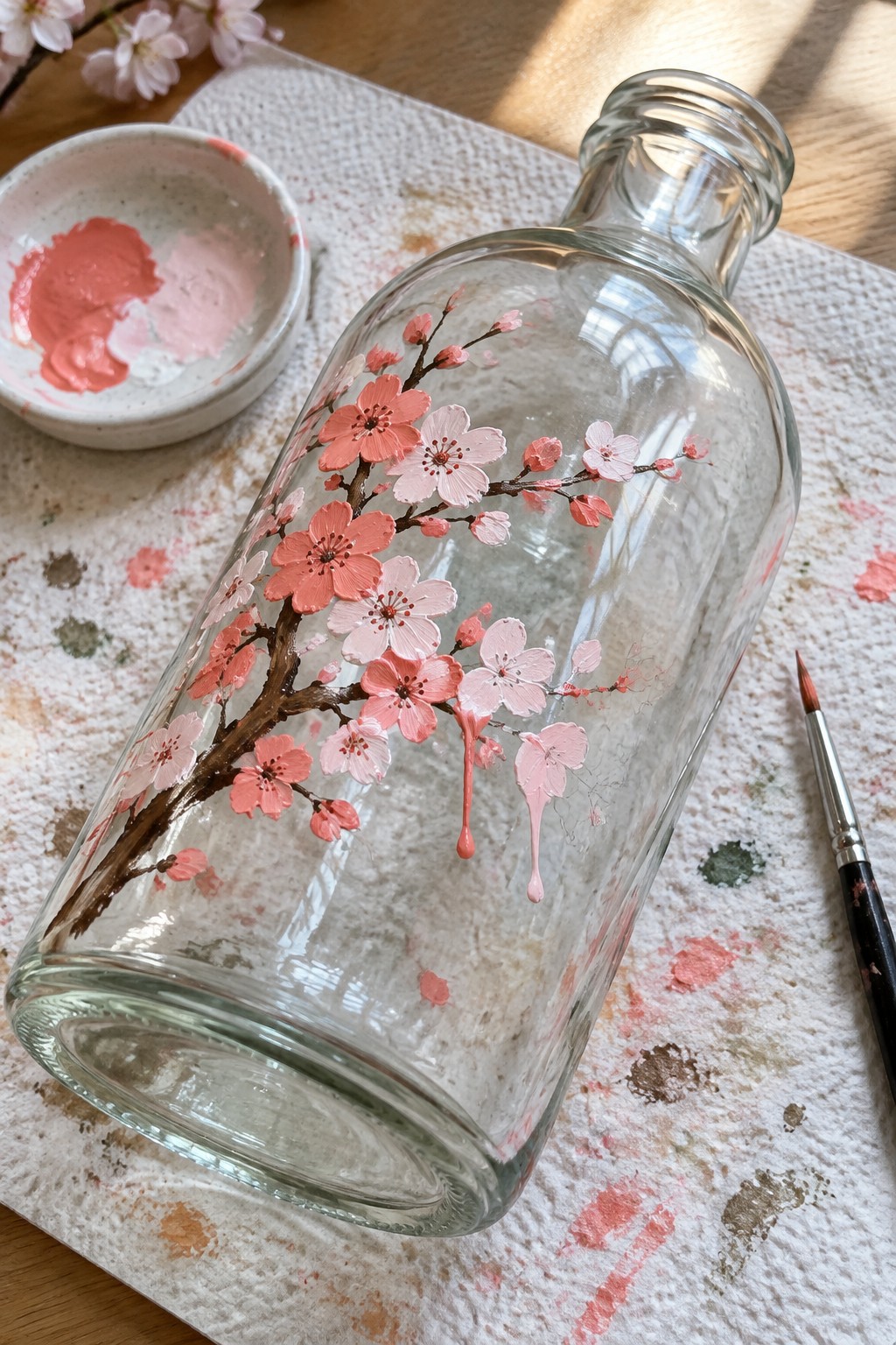 Glass bottle hand-painted with pink cherry blossoms beside paint palette and brush