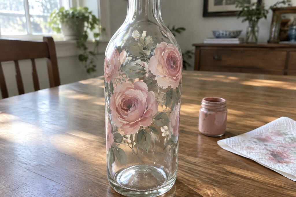 19 Charming Vintage Flower Glass Painting Ideas for Decorative Bottles Empty glass bottle painted with pink roses on wooden table beside paint jar