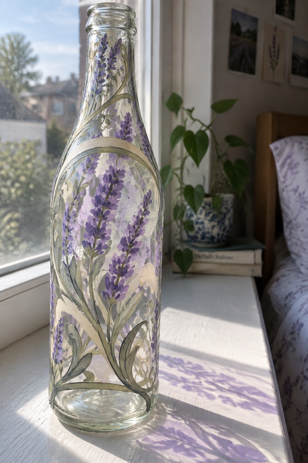Glass bottle painted with purple lavender flowers on sunny windowsill