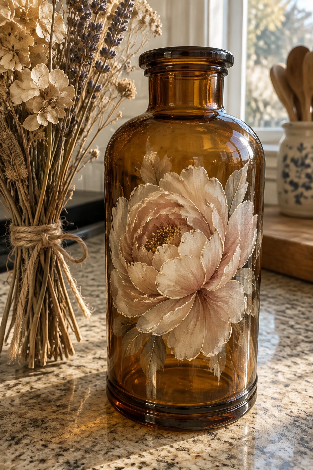 Amber glass bottle with painted peony flower beside dried bouquet on marble counter