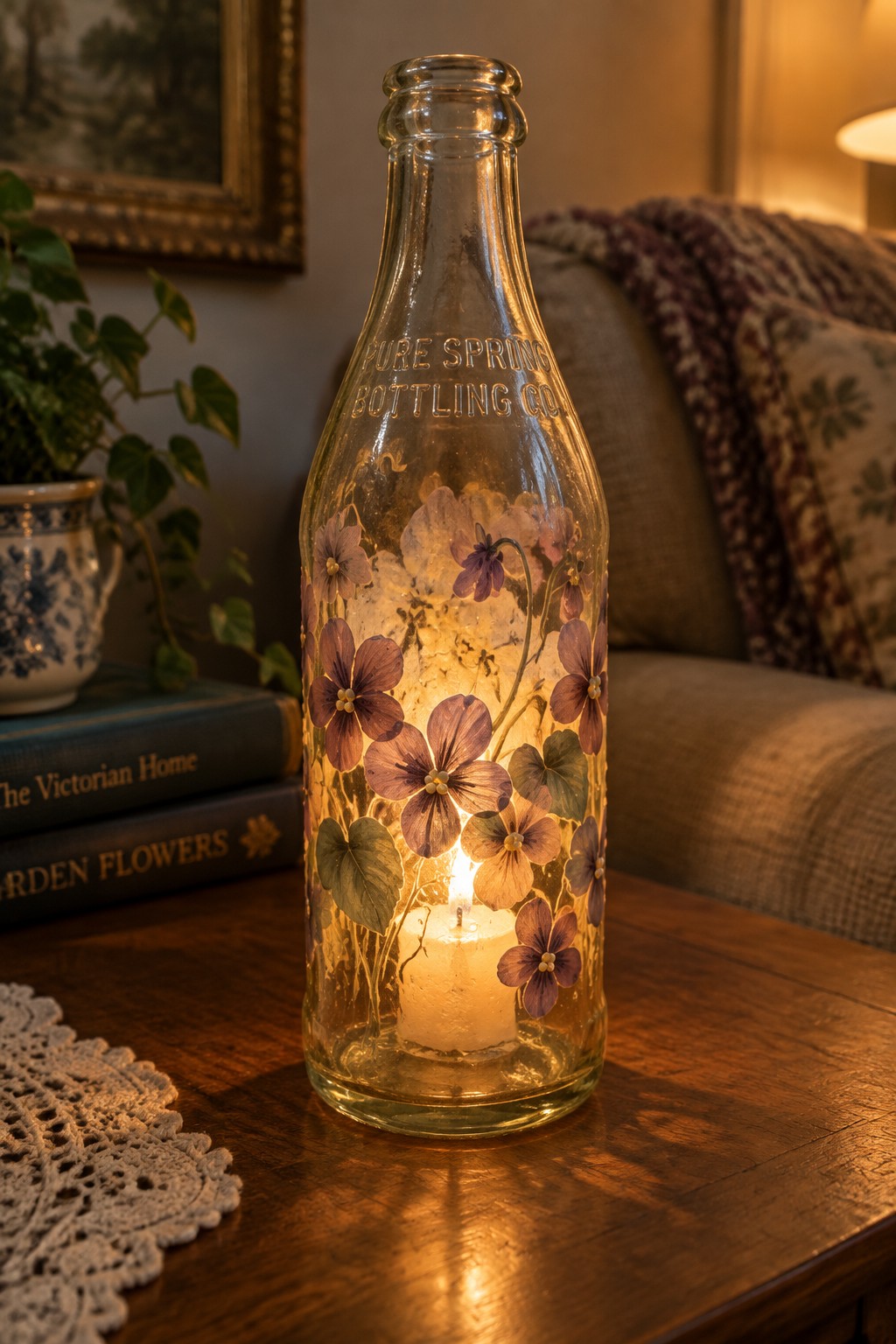 Lit candle glowing inside glass bottle with painted purple flowers on wooden table.