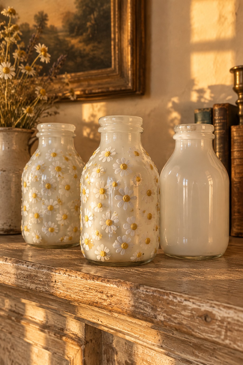 Three glass bottles on wooden shelf, two with daisy patterns, one plain, in sunlight.