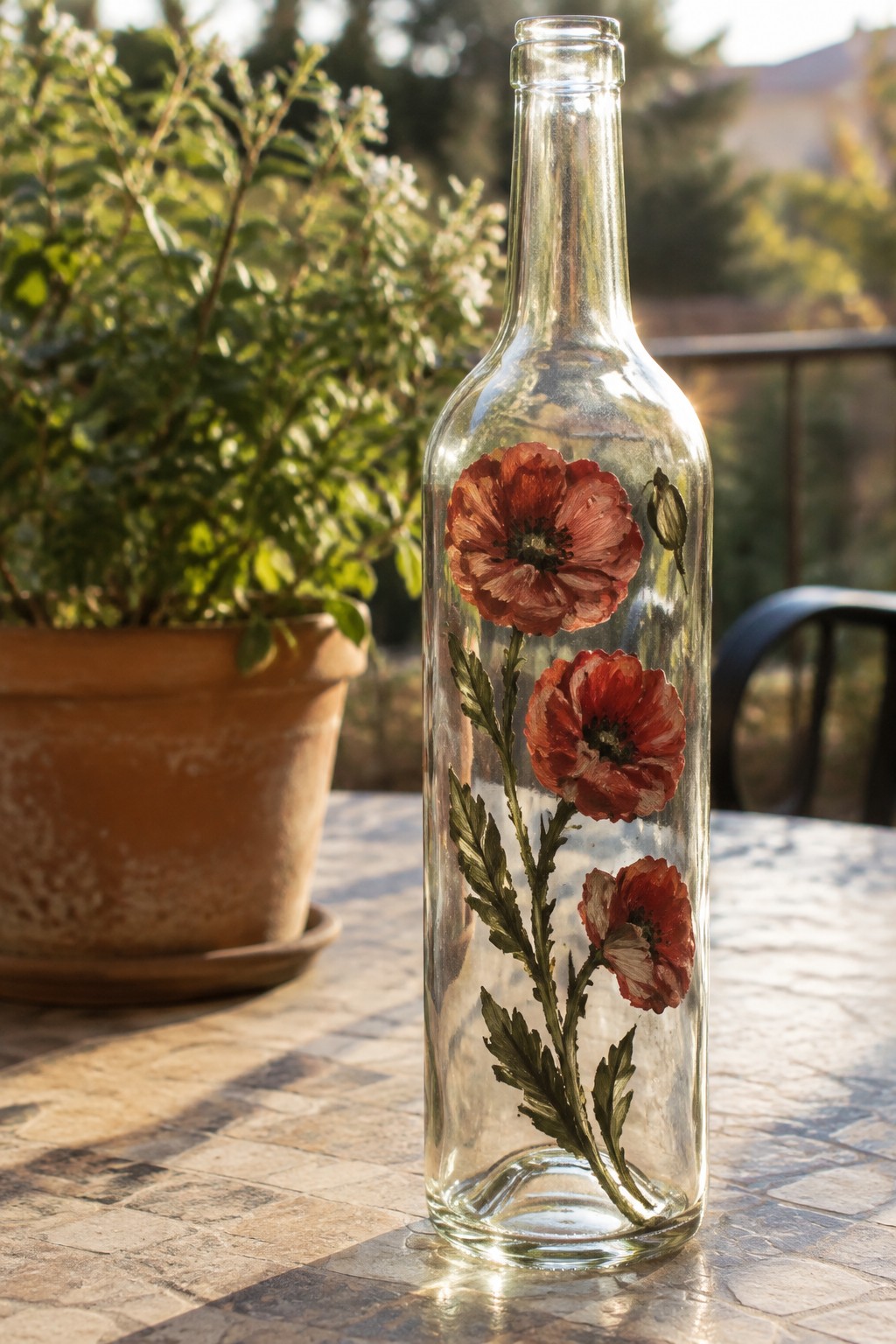 Clear glass bottle painted with red poppies and green stems on sunny table