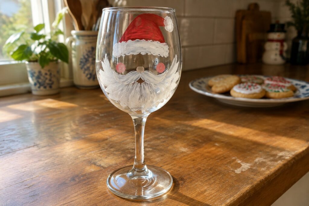 Wine glass with hand-painted Santa face, red hat, white beard, pink cheeks on wood table