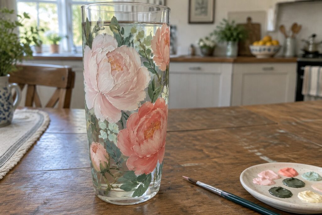 19 Creative Floral Glass Painting Ideas for Vases and Bottles Hand-painted glass vase with pink peonies beside paint palette on wooden table.