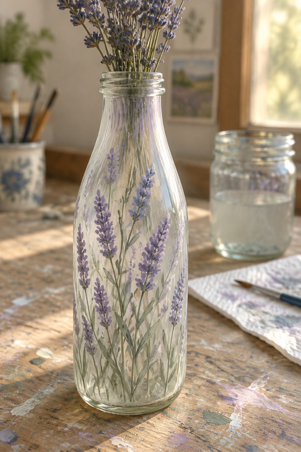Painted glass bottle with lavender flowers on paint-splattered wooden table