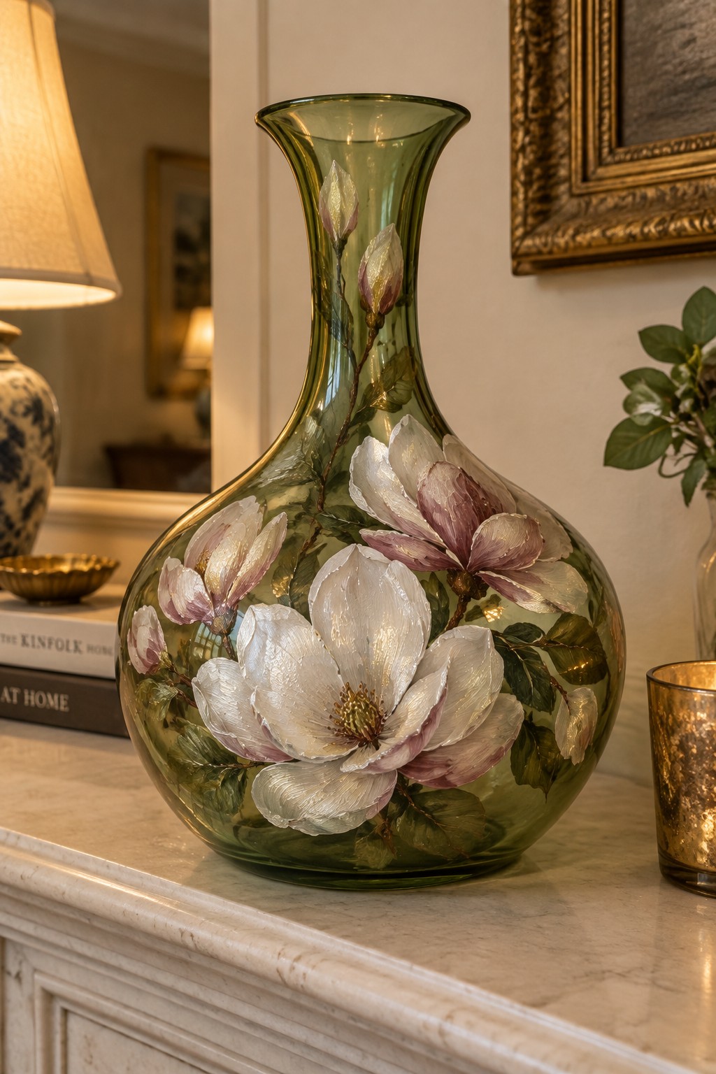 Green glass vase painted with white and purple magnolias on marble mantel