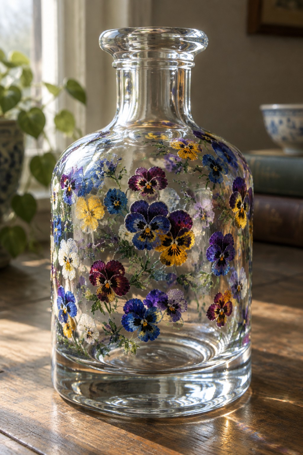 Clear glass bottle adorned with vibrant pressed pansies in blue, yellow, and purple