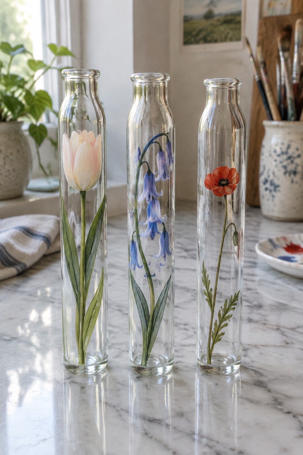 Three clear glass bottles with painted pink tulip, bluebells, and red poppy on marble.