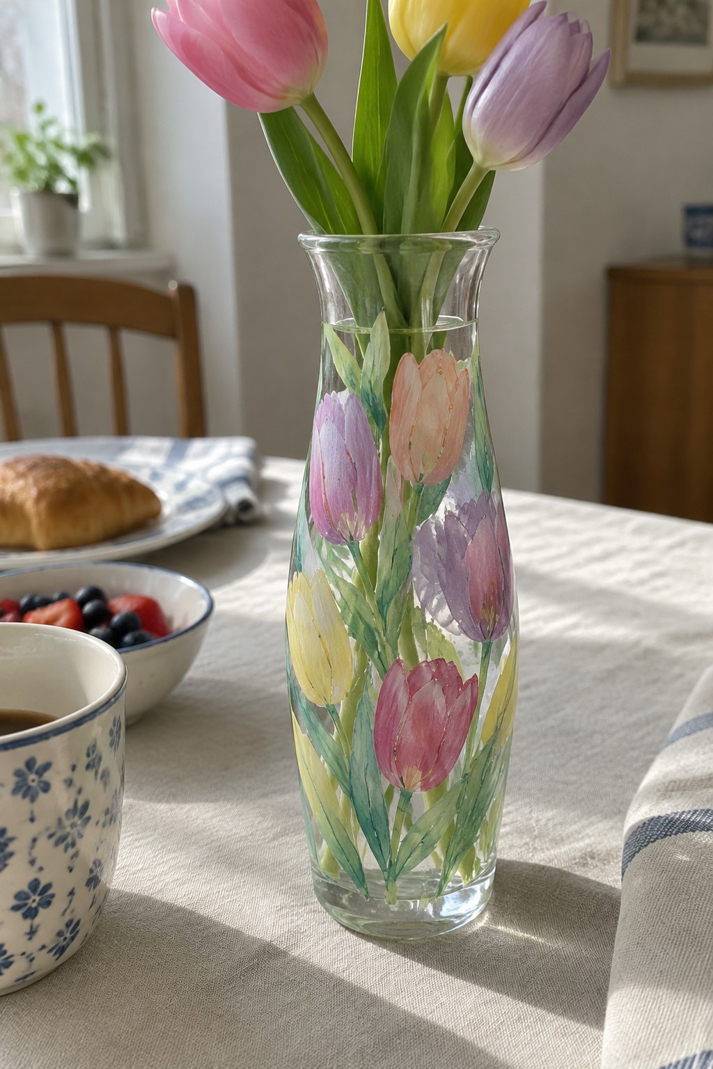Colorful painted glass vase with pink, yellow, purple tulips on sunny breakfast table