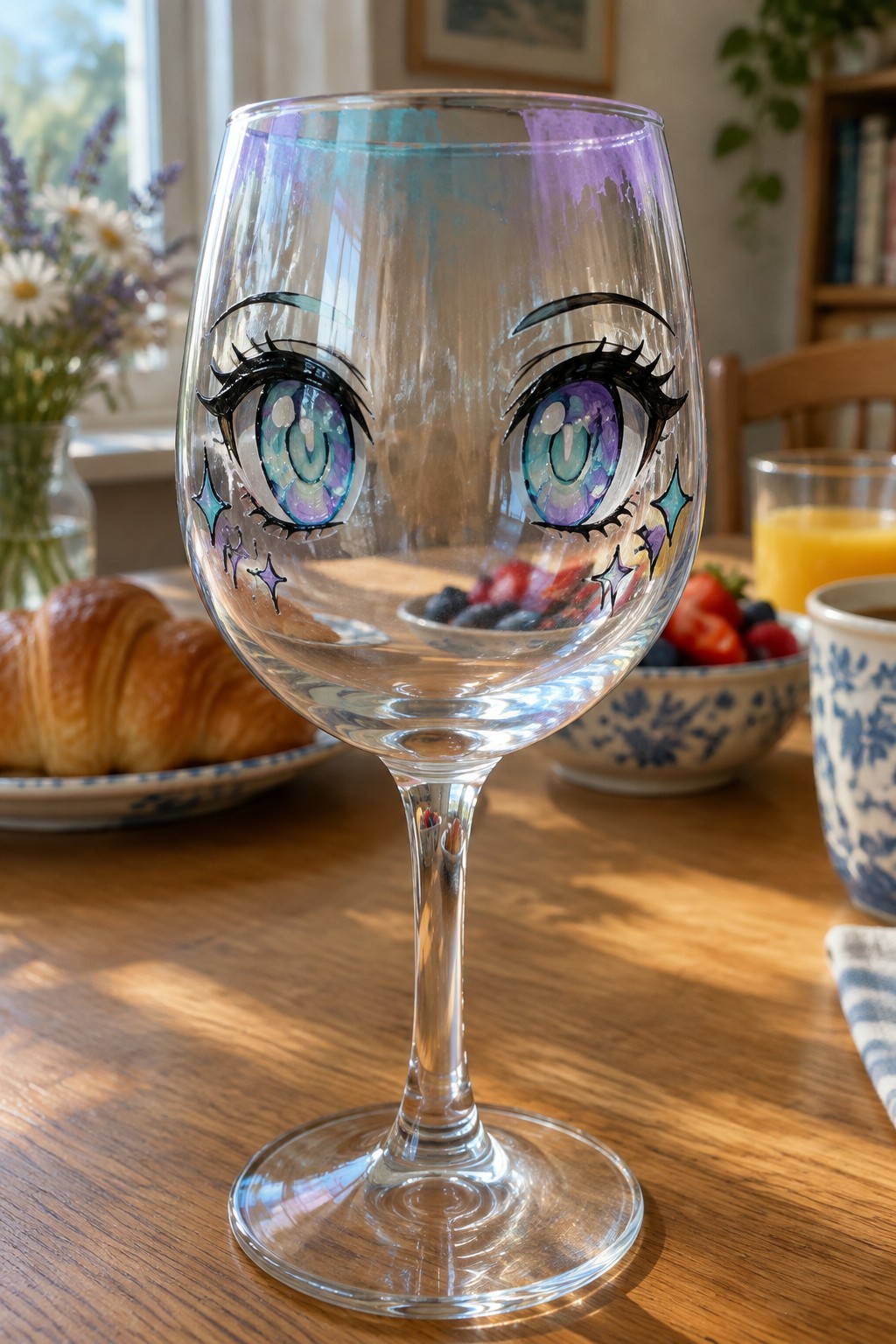 Anime-eyed wine glass with purple-blue irises and sparkles on breakfast table