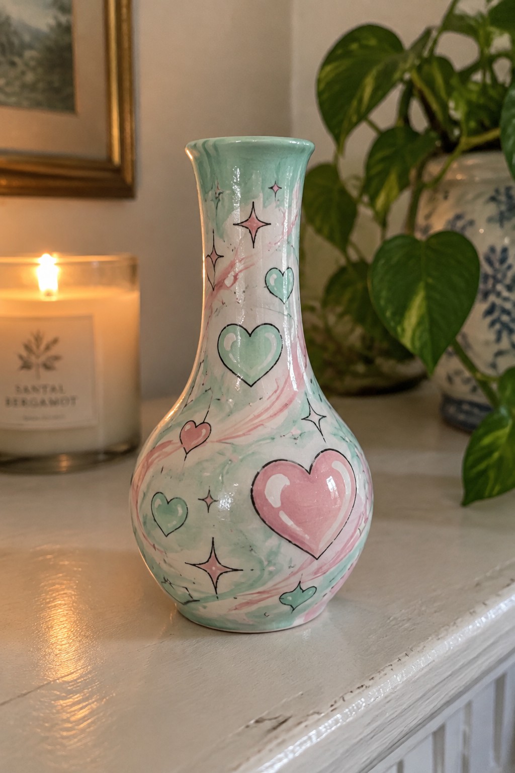 Marbled mint green and pink vase with hearts and stars beside lit candle