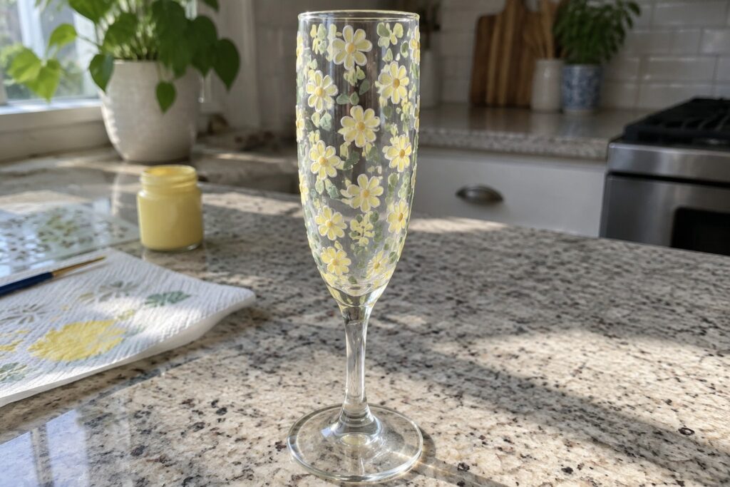Champagne flute hand-painted with yellow flowers and green leaves on granite counter
