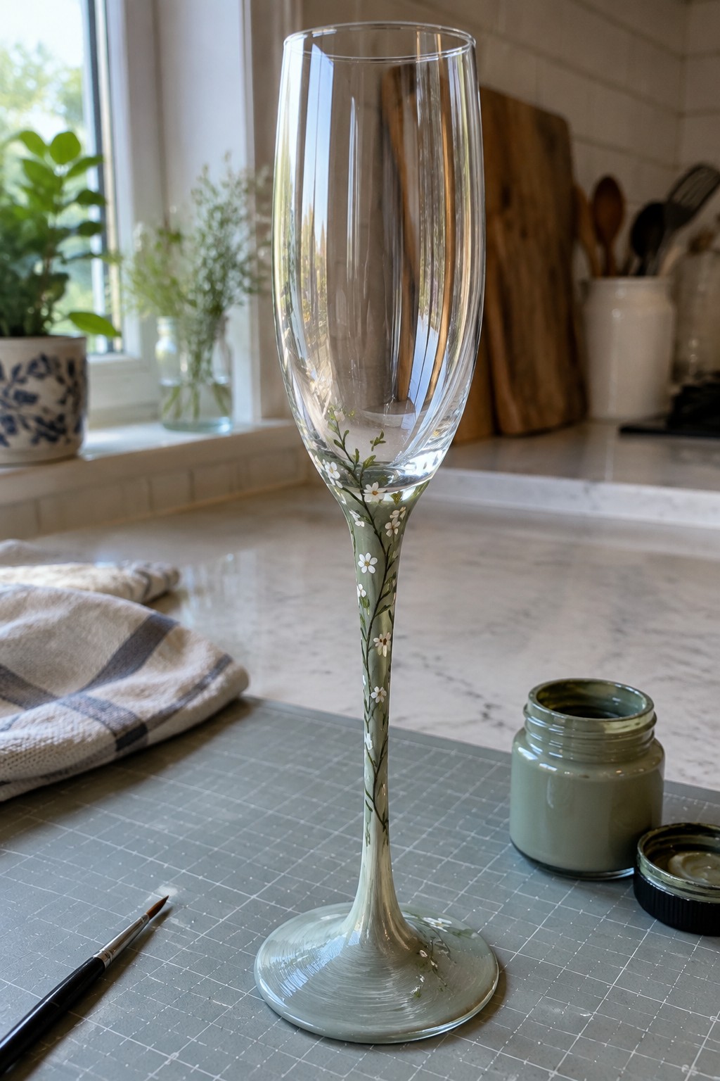 Hand-painted champagne flute with white flowers and green vines on stem