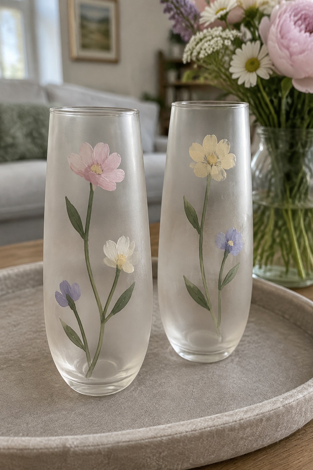 Two frosted glass vases with pink, yellow, and purple painted flowers on tray