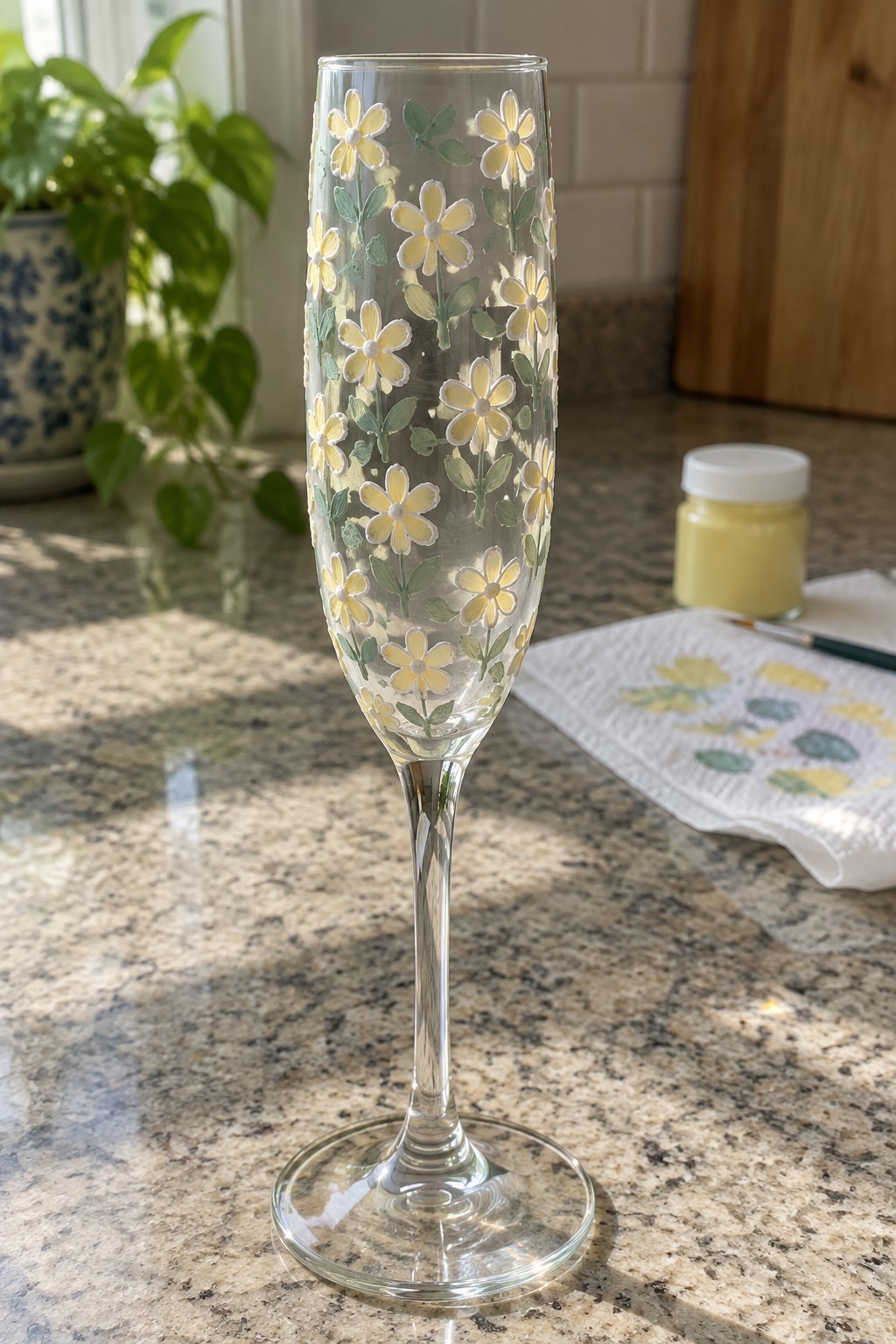 Champagne flute hand-painted with yellow flowers and green leaves on granite counter