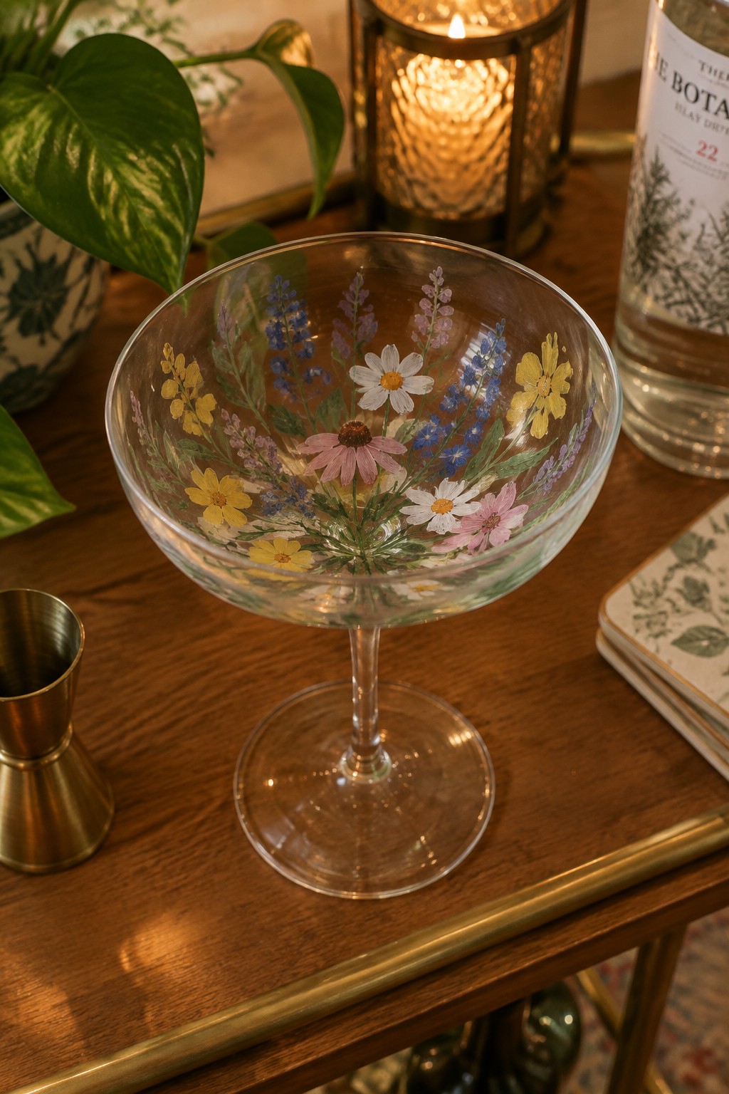 Colorful wildflower-painted coupe glass on wooden table with lit candle and plant