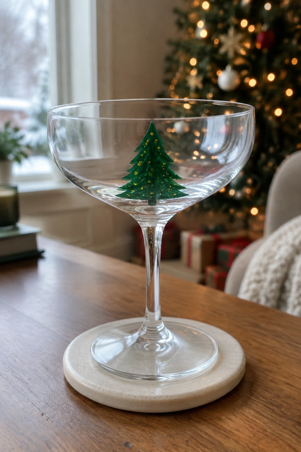 Clear coupe glass with painted green Christmas tree on marble coaster atop wooden table